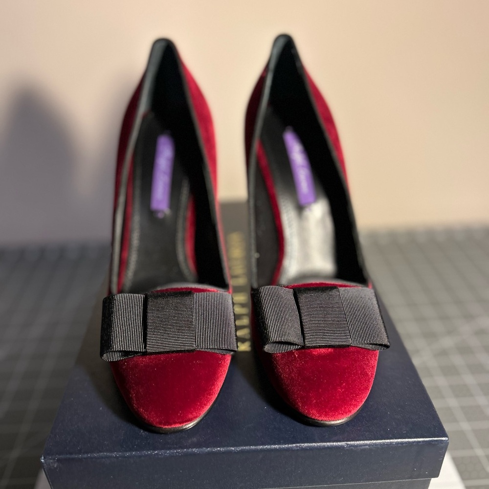 Ralph Lauren Purple Label, Crimson and Black Velvet Heels